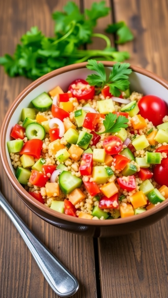 Zesty Quinoa Salad Recipe A colorful quinoa salad with bell peppers, cucumbers, and tomatoes, garnished with parsley, on a wooden table.